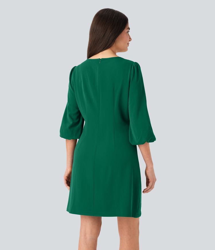 Round Neck Puff Sleeve Mini Work Linen-Feel Dress