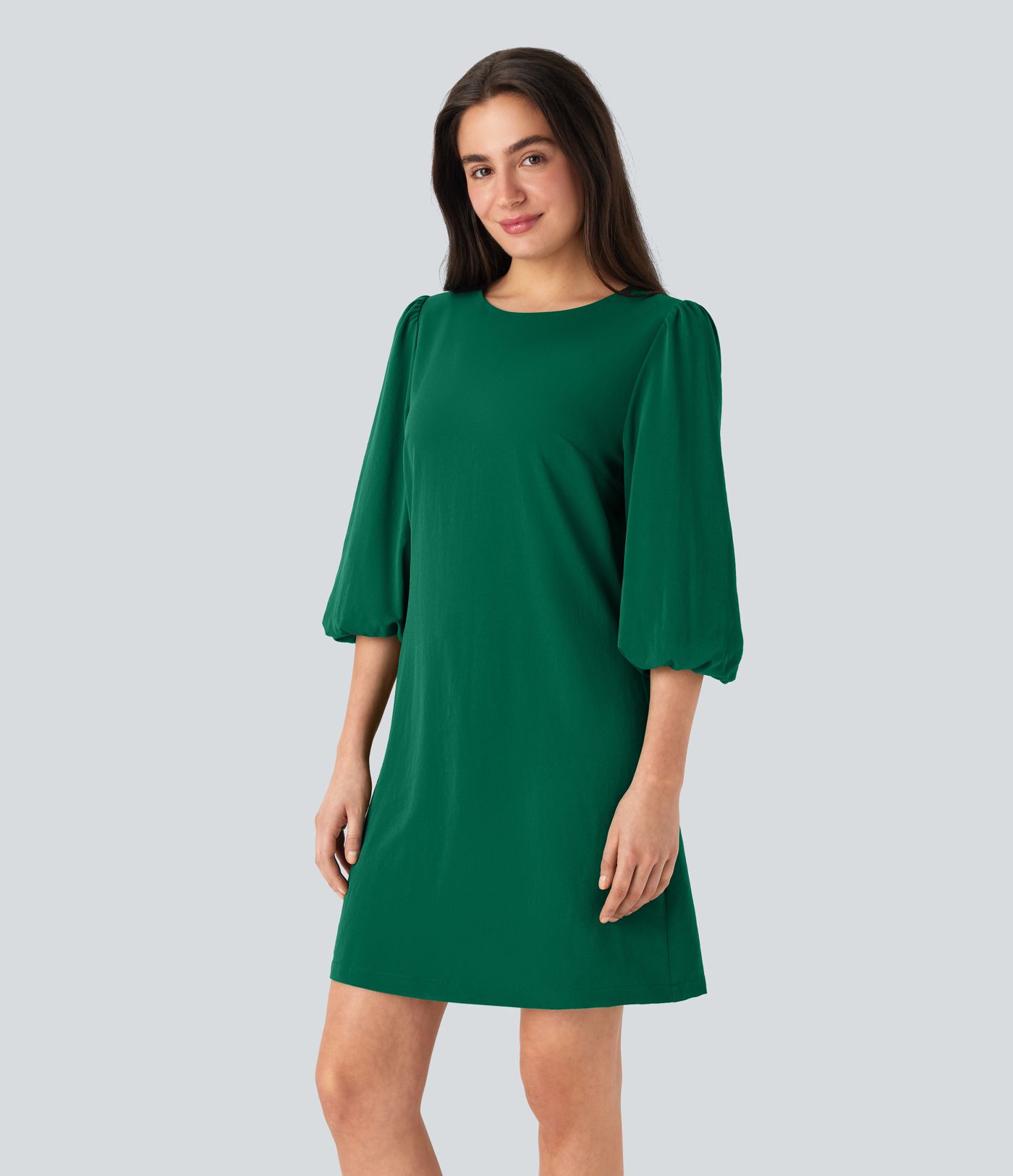 Round Neck Puff Sleeve Mini Work Linen-Feel Dress