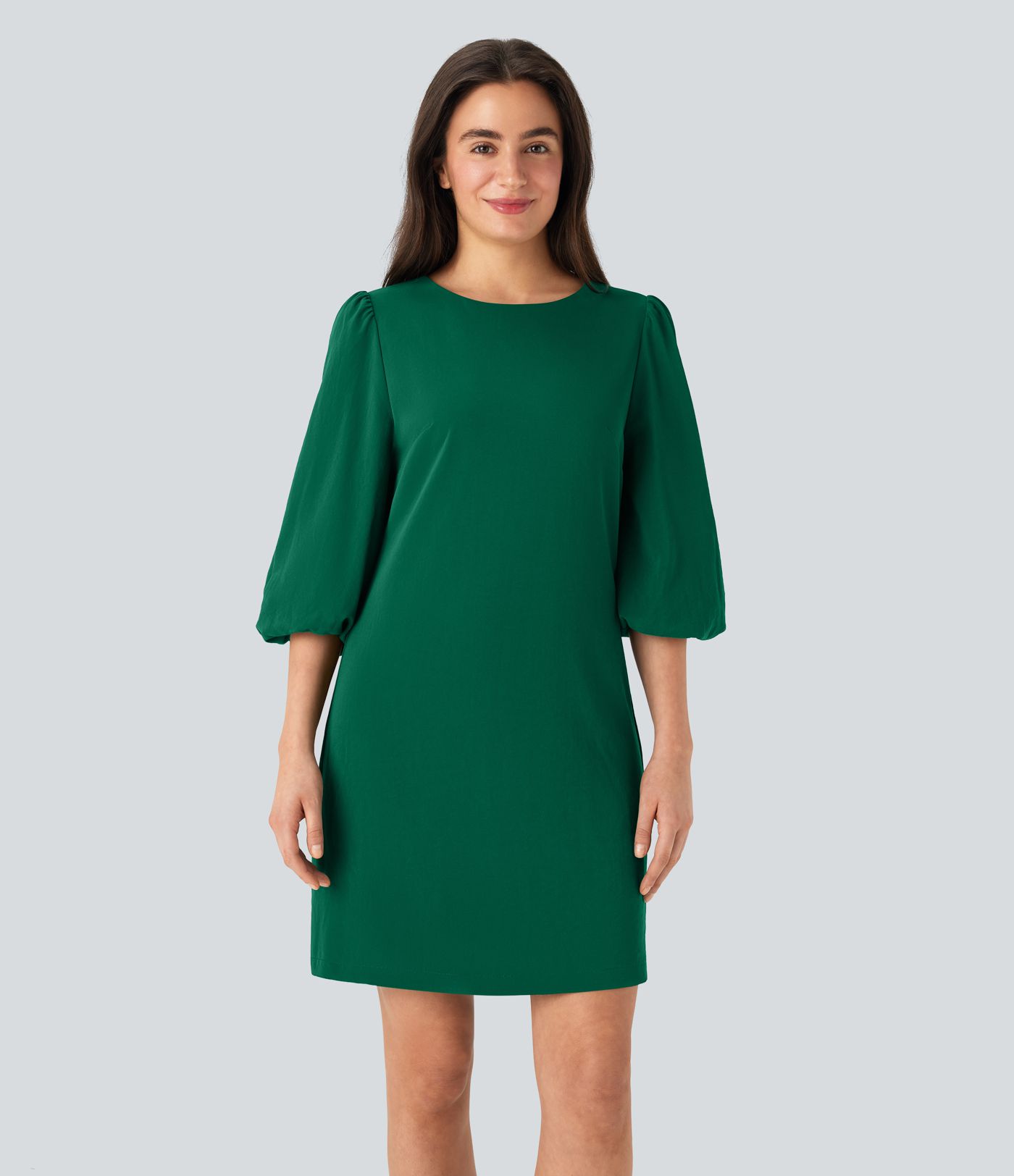 Round Neck Puff Sleeve Mini Work Linen-Feel Dress