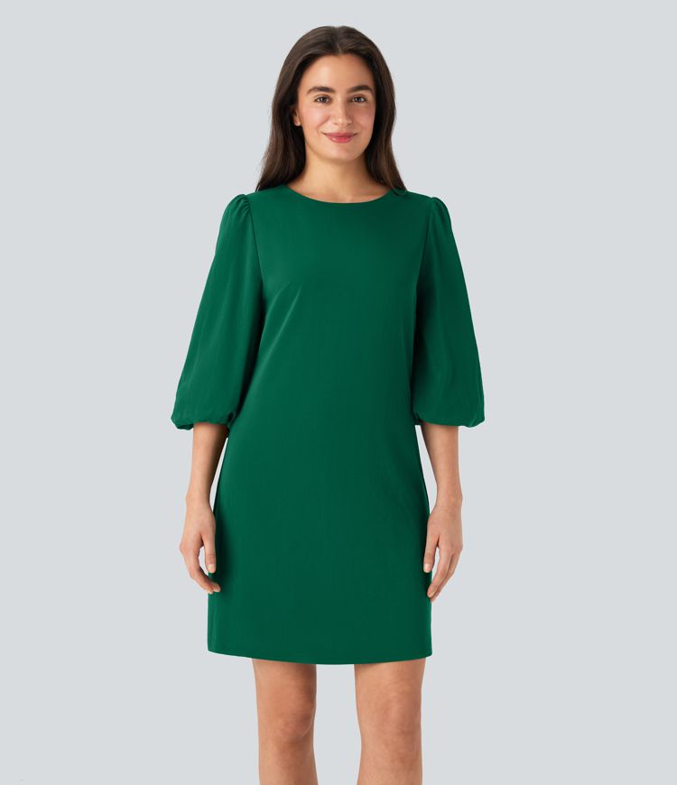 Round Neck Puff Sleeve Mini Work Linen-Feel Dress