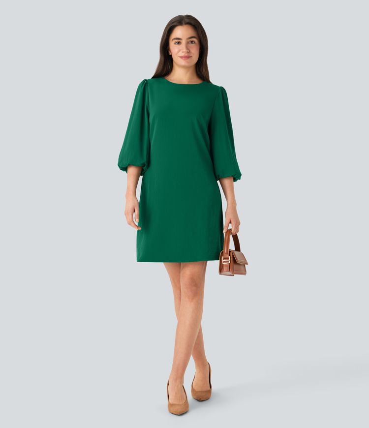 Round Neck Puff Sleeve Mini Work Linen-Feel Dress