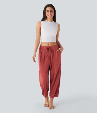 Mid Rise Drawstring Casual Tapered Pants with Pockets