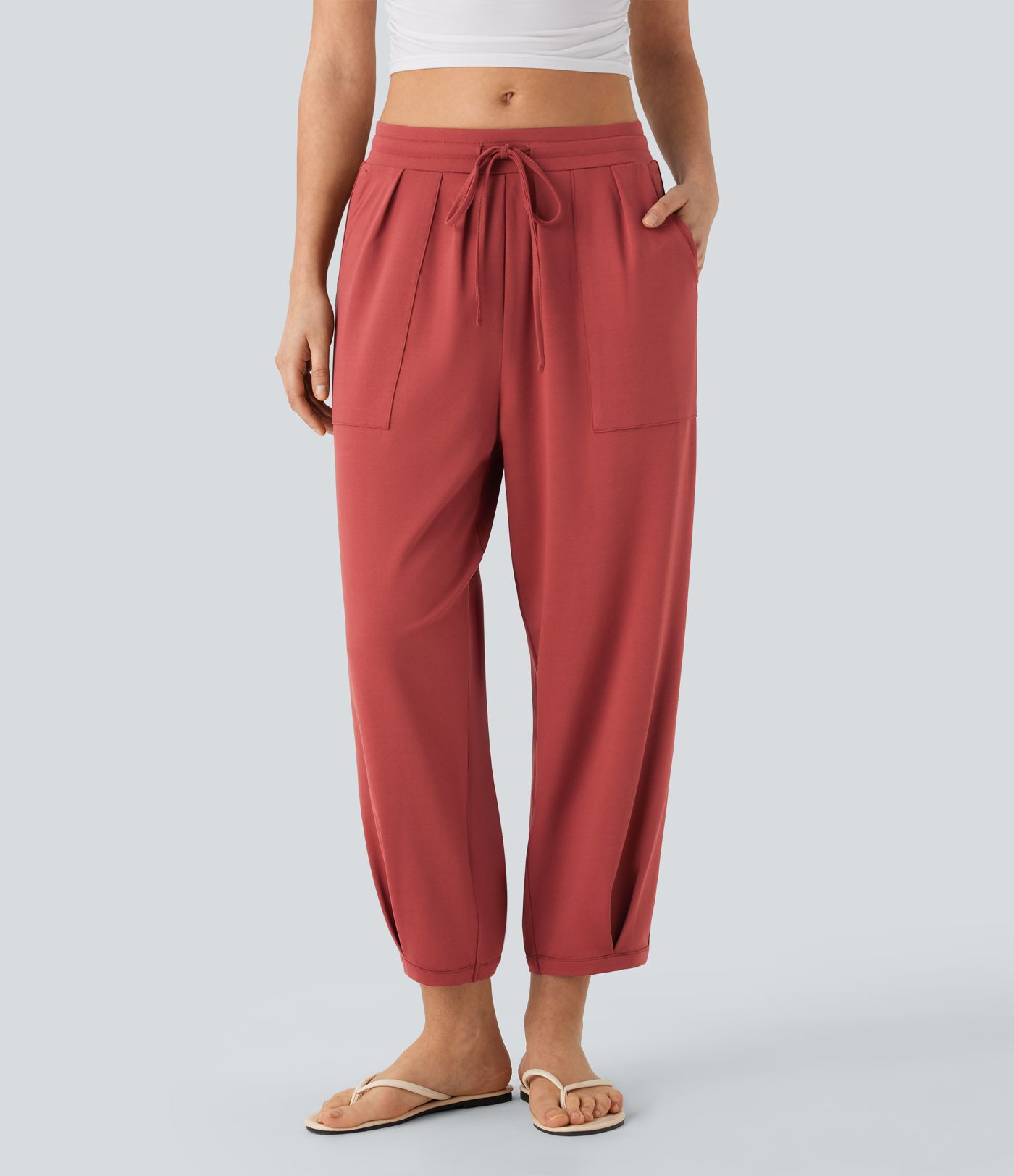 Mid Rise Drawstring Casual Tapered Pants with Pockets