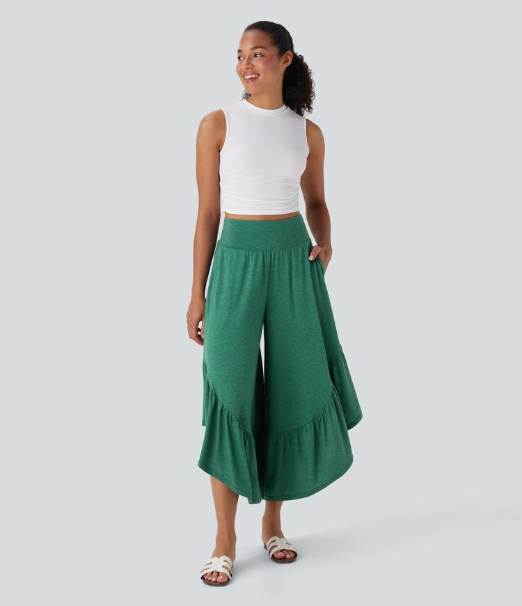 High Waisted Ruffle Hem Casual Pants with Pockets