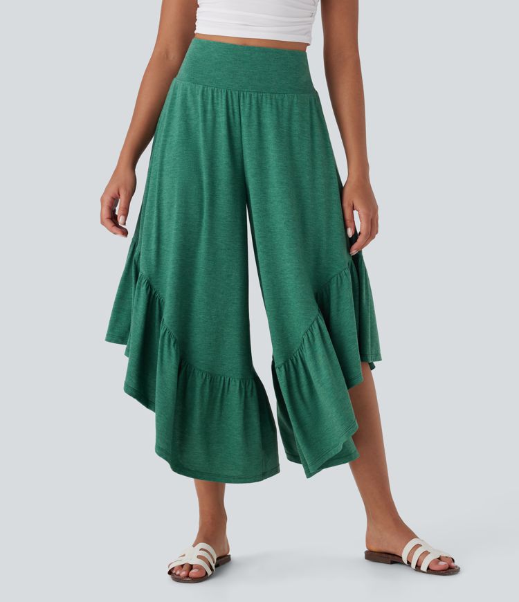 High Waisted Ruffle Hem Casual Pants with Pockets