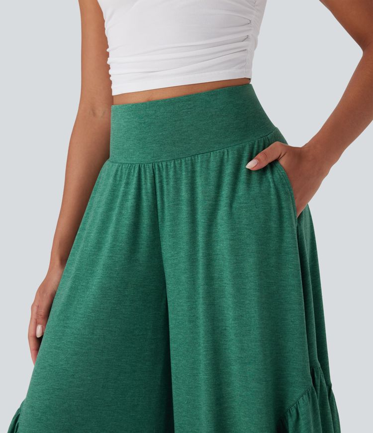 High Waisted Ruffle Hem Casual Pants with Pockets