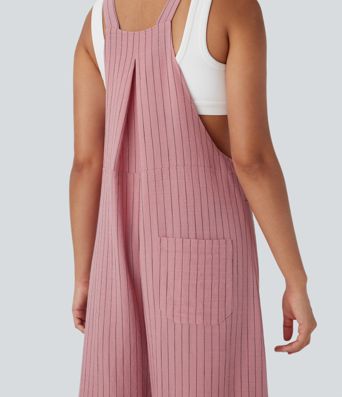 Stripe Wide Leg Flowy Casual Linen-Feel Overalls with Pockets