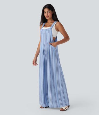 Stripe Wide Leg Flowy Casual Linen-Feel Overalls with Pockets