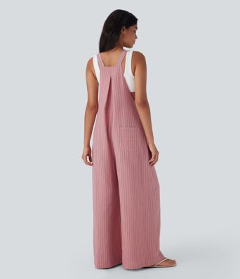 Stripe Wide Leg Flowy Casual Linen-Feel Overalls with Pockets
