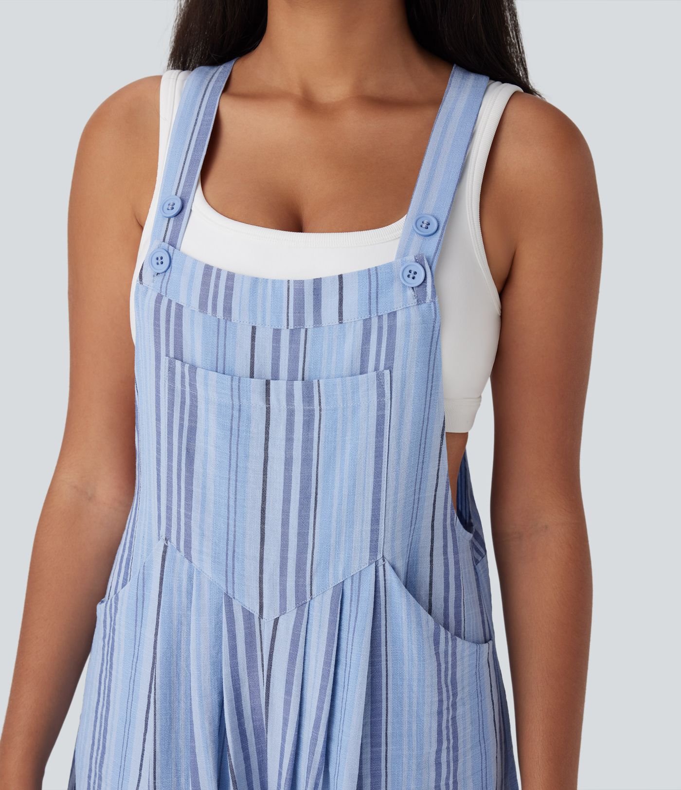 Stripe Wide Leg Flowy Casual Linen-Feel Overalls with Pockets