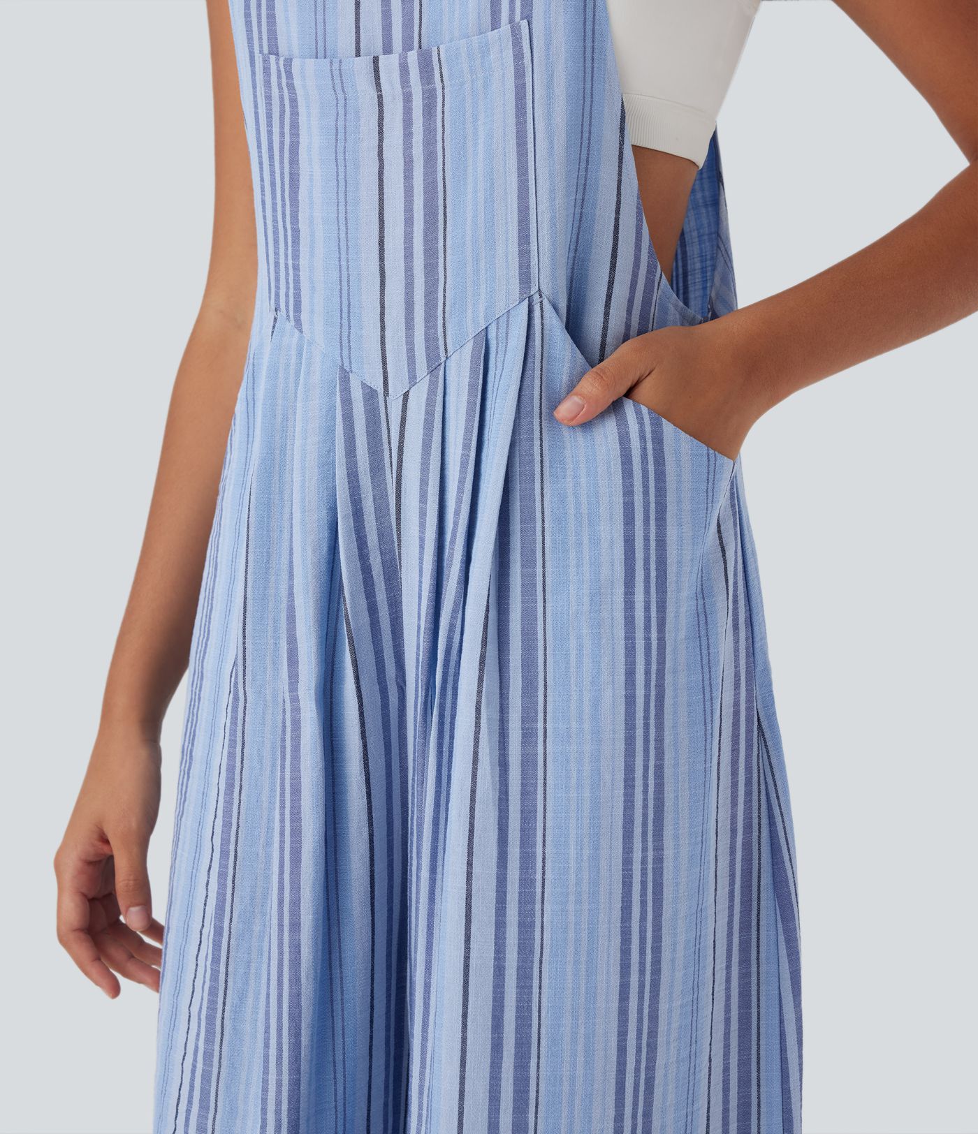 Stripe Wide Leg Flowy Casual Linen-Feel Overalls with Pockets