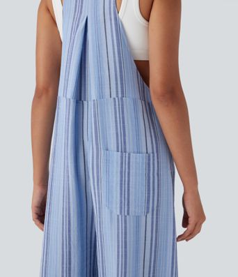 Stripe Wide Leg Flowy Casual Linen-Feel Overalls with Pockets