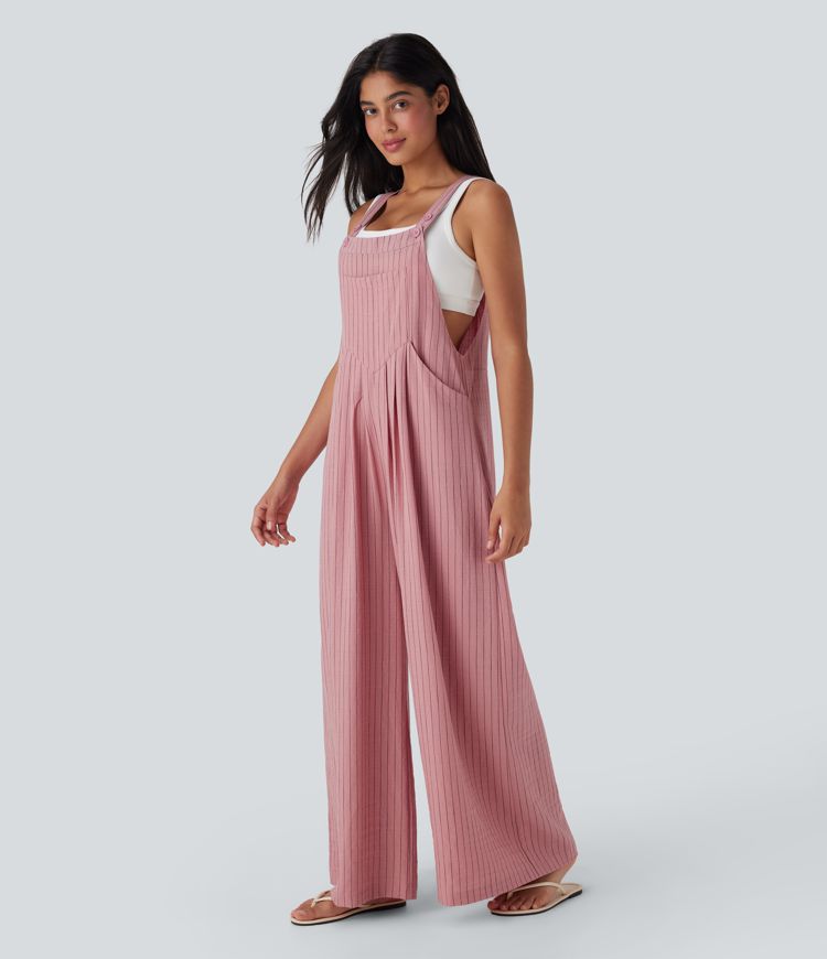 Stripe Wide Leg Flowy Casual Linen-Feel Overalls with Pockets