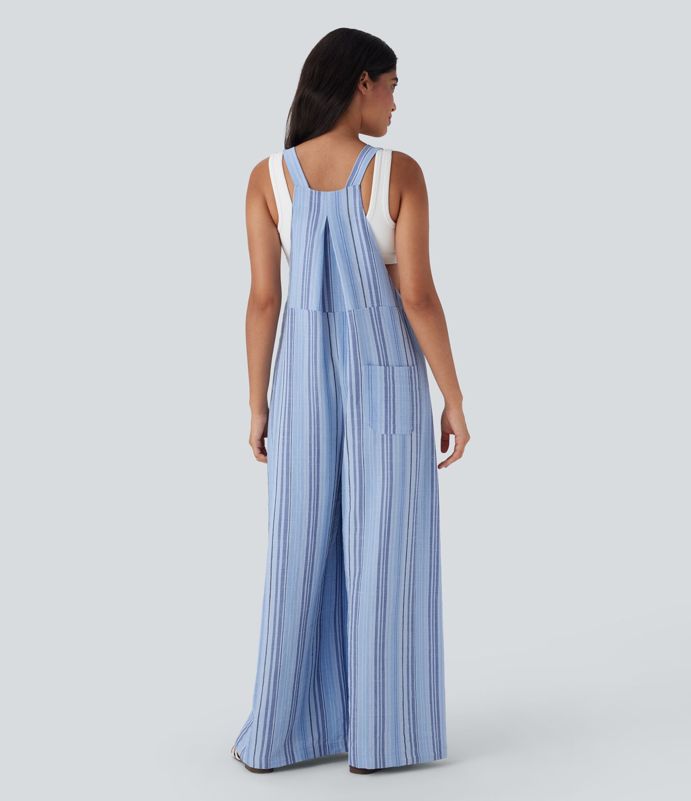 Stripe Wide Leg Flowy Casual Linen-Feel Overalls with Pockets