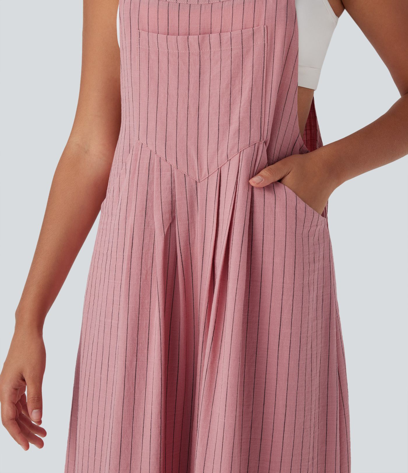 Stripe Wide Leg Flowy Casual Linen-Feel Overalls with Pockets