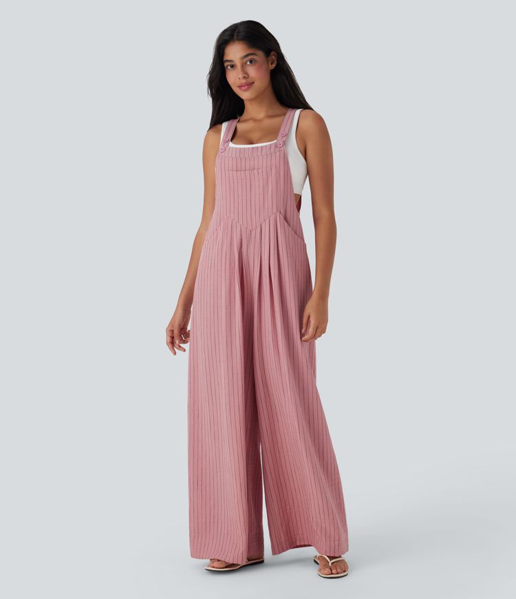 Stripe Wide Leg Flowy Casual Linen-Feel Overalls with Pockets