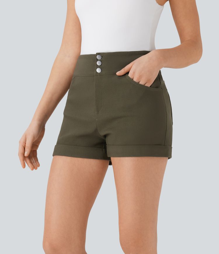 High Waisted Rolled Hem Casual Skinny Shorts with Pockets