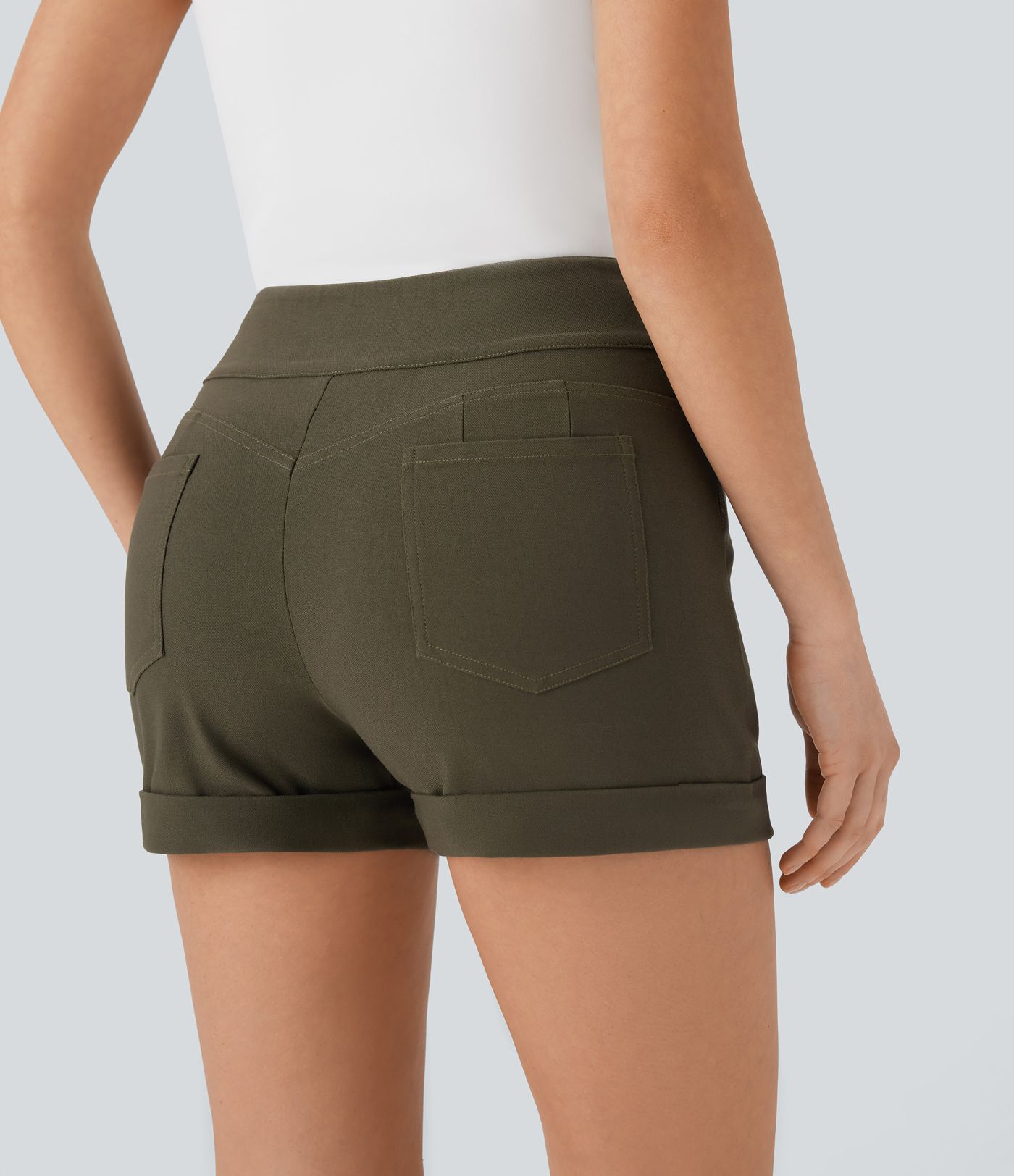 High Waisted Rolled Hem Casual Skinny Shorts with Pockets