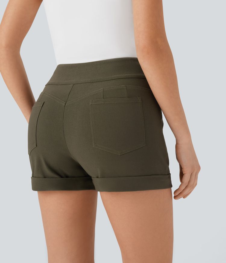 High Waisted Rolled Hem Casual Skinny Shorts with Pockets