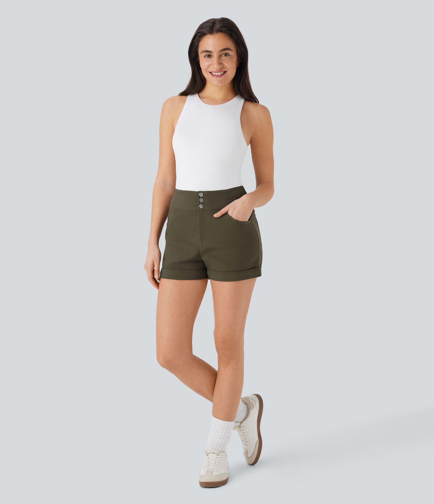 High Waisted Rolled Hem Casual Skinny Shorts with Pockets