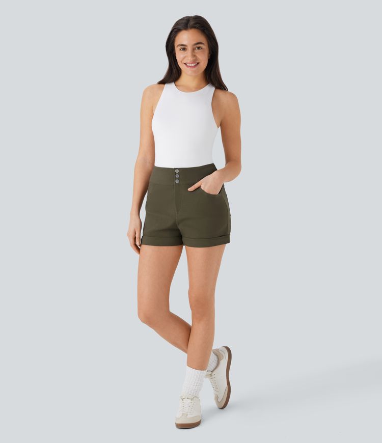 High Waisted Rolled Hem Casual Skinny Shorts with Pockets