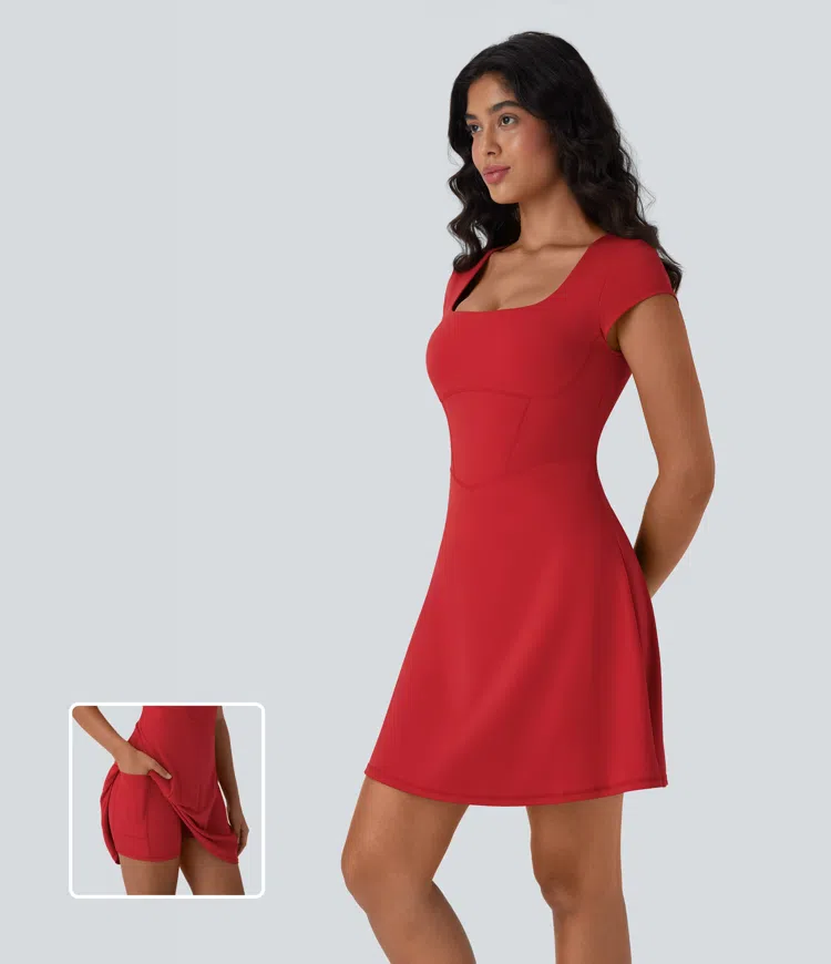 Minivestido casual Softlyzero™ 2 en 1 con escote cuadrado y bolsillo 
