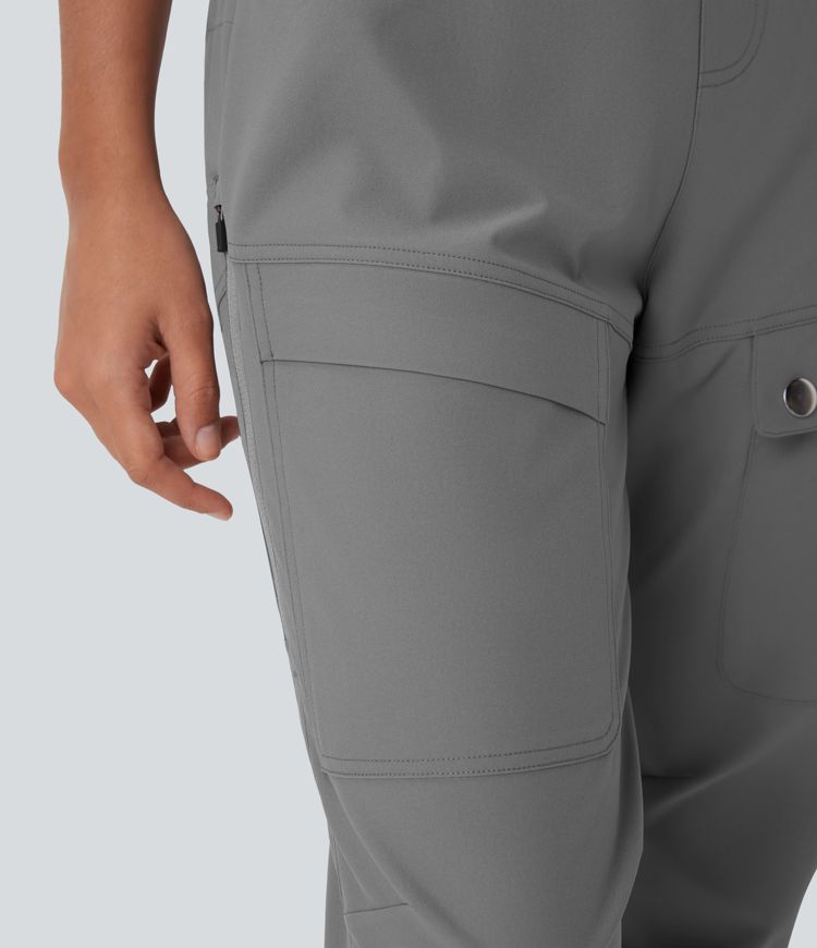 Water Repellent High Waisted Contrast Mesh Adjustable Hem Straight Leg Twill Hiking Cargo Pants with Pockets