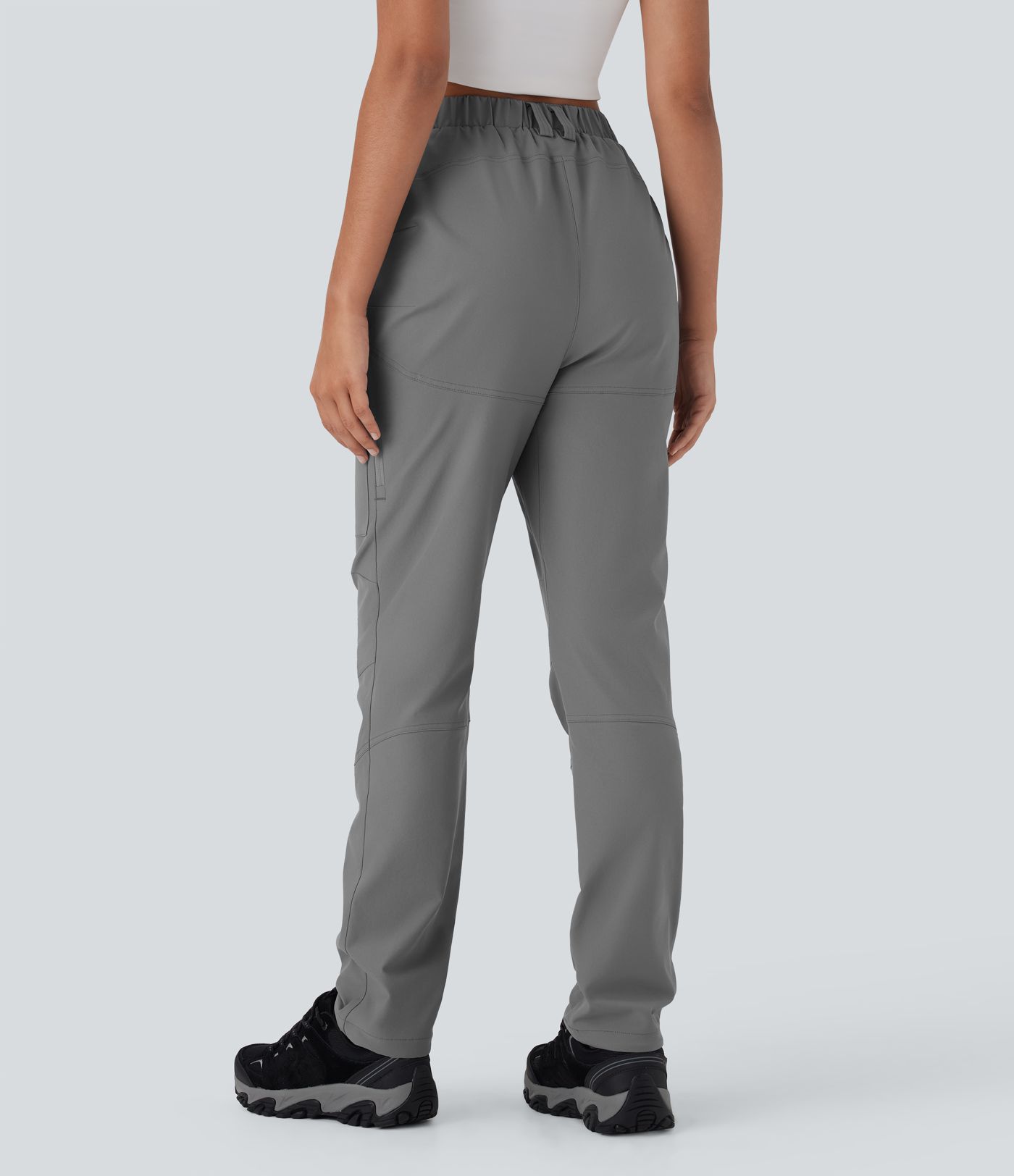 Water Repellent High Waisted Invisible Zipper Contrast Mesh Adjustable Hem Straight Leg Twill Hiking Cargo Trousers with Multiple Pockets