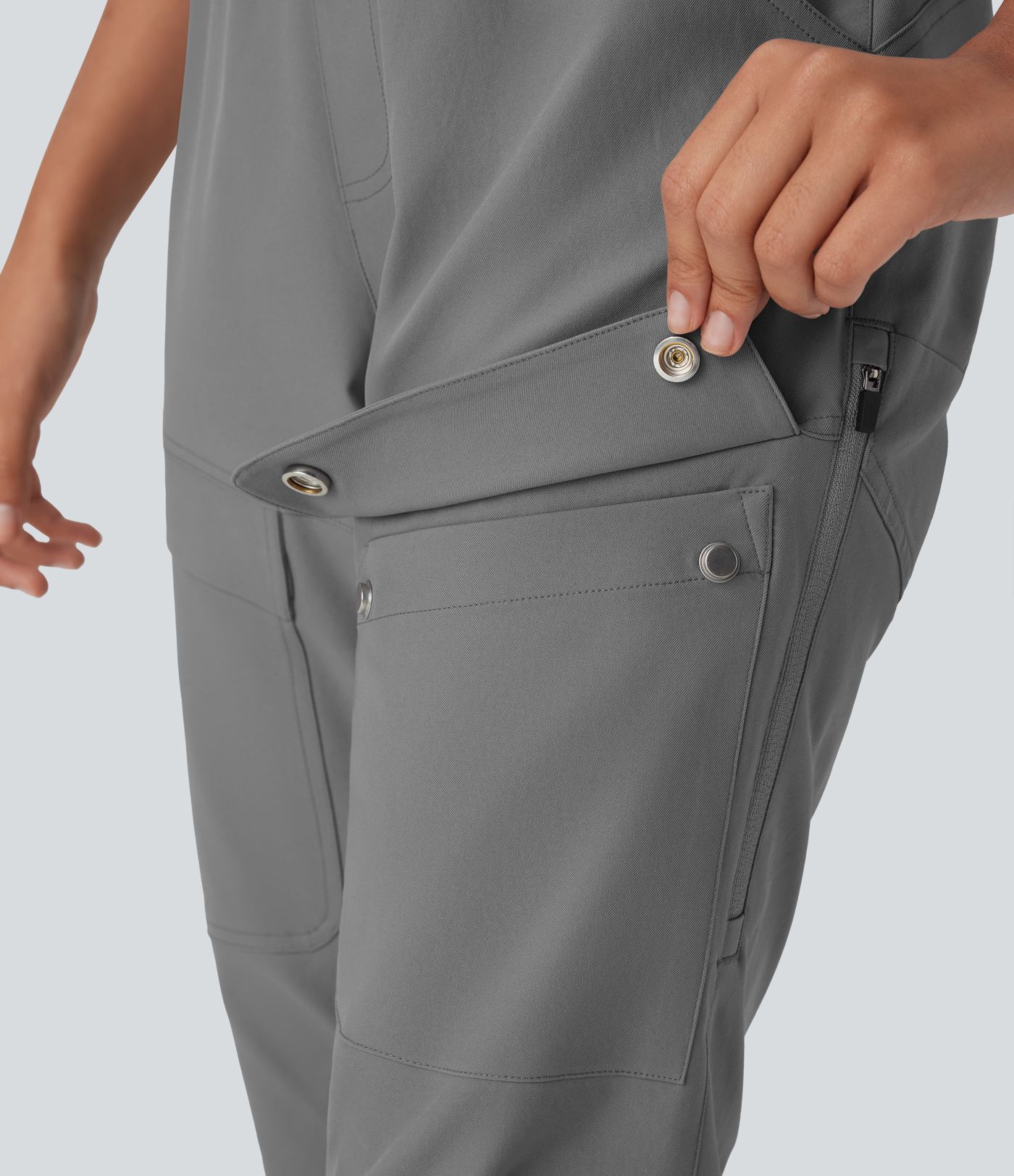 Water Repellent High Waisted Invisible Zipper Contrast Mesh Adjustable Hem Straight Leg Twill Hiking Cargo Trousers with Multiple Pockets