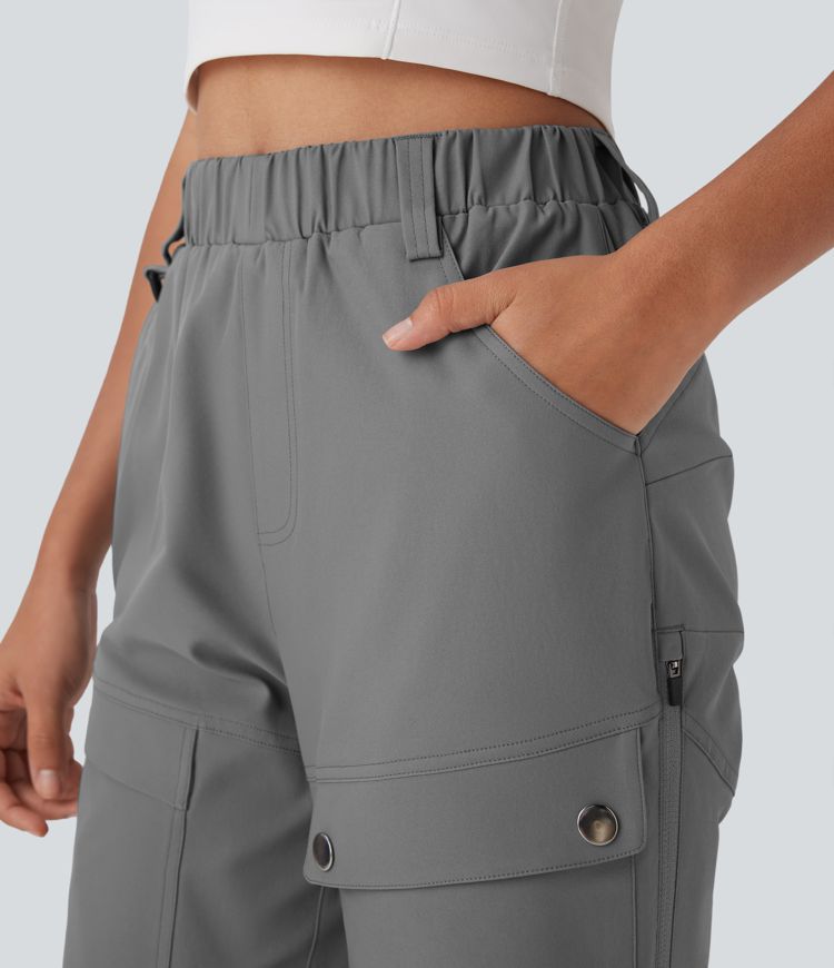 Water Repellent High Waisted Contrast Mesh Adjustable Hem Straight Leg Twill Hiking Cargo Pants with Pockets