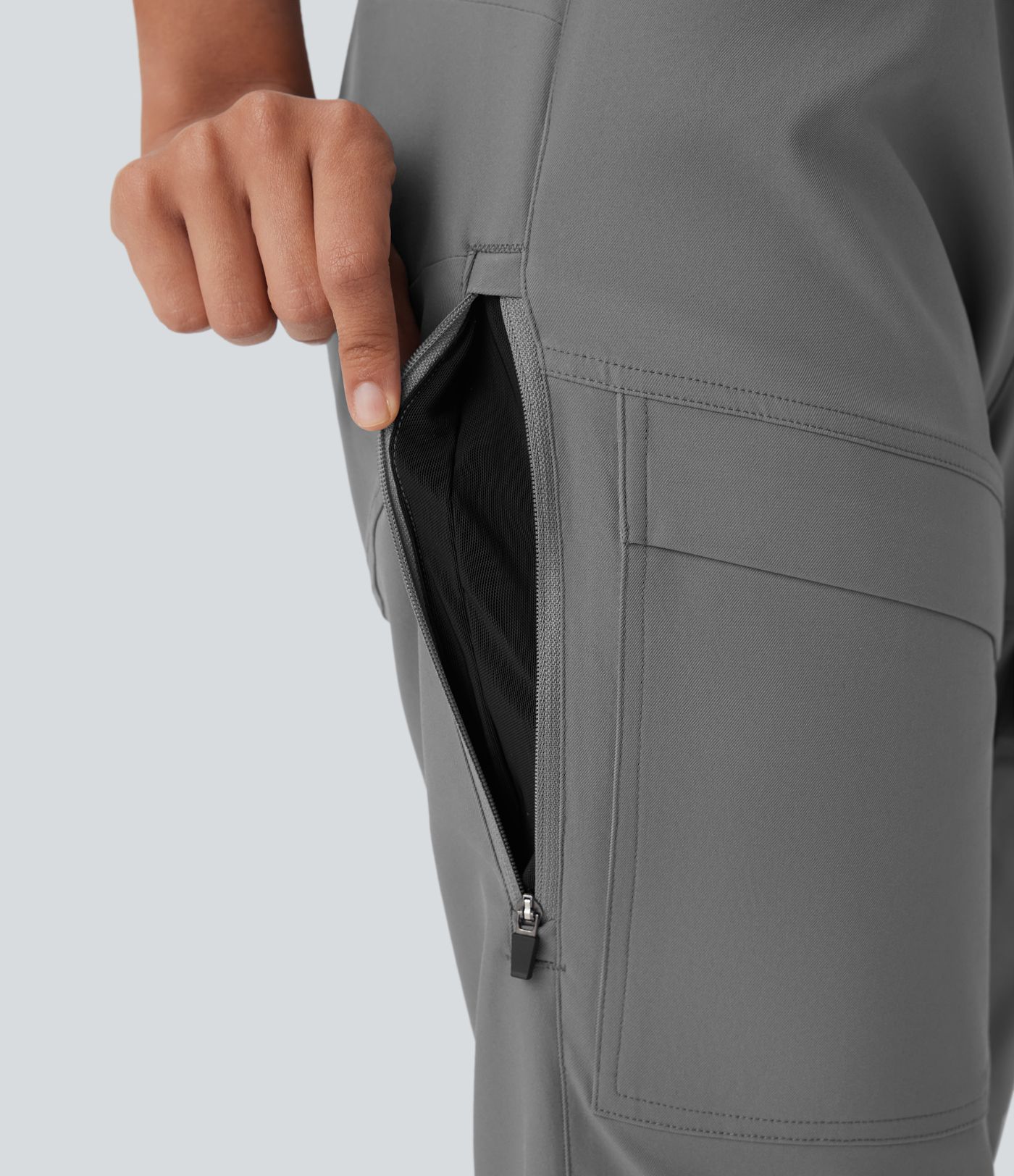 Water Repellent High Waisted Invisible Zipper Contrast Mesh Adjustable Hem Straight Leg Twill Hiking Cargo Trousers with Multiple Pockets