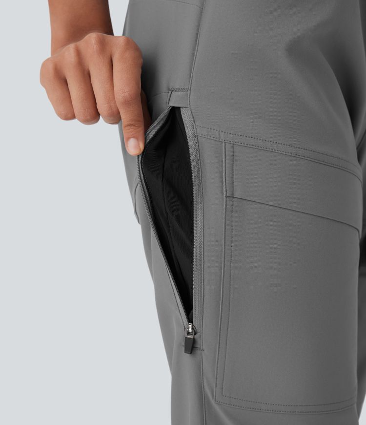 Water Repellent High Waisted Contrast Mesh Adjustable Hem Straight Leg Twill Hiking Cargo Pants with Pockets