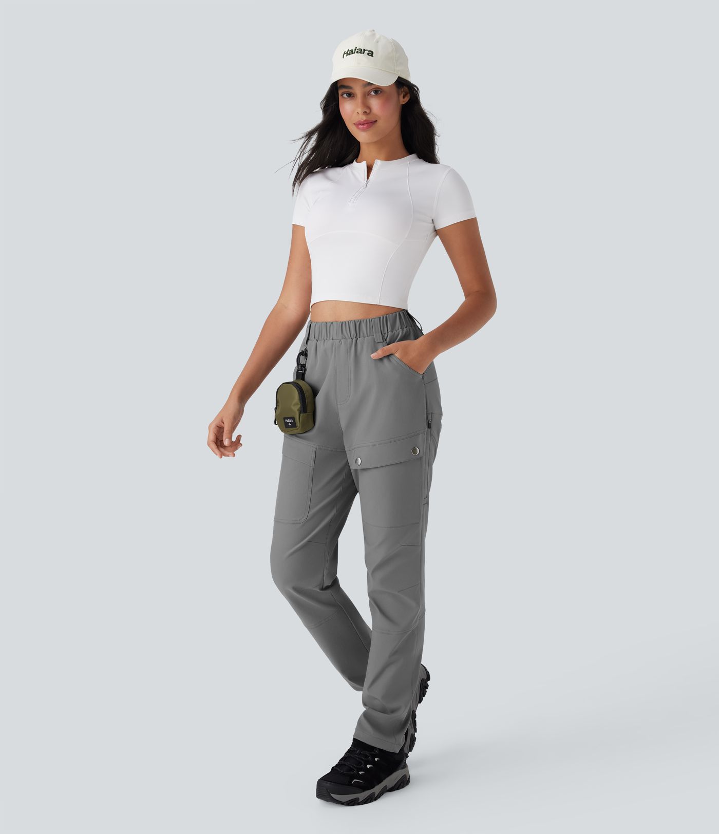 Water Repellent High Waisted Invisible Zipper Contrast Mesh Adjustable Hem Straight Leg Twill Hiking Cargo Trousers with Multiple Pockets