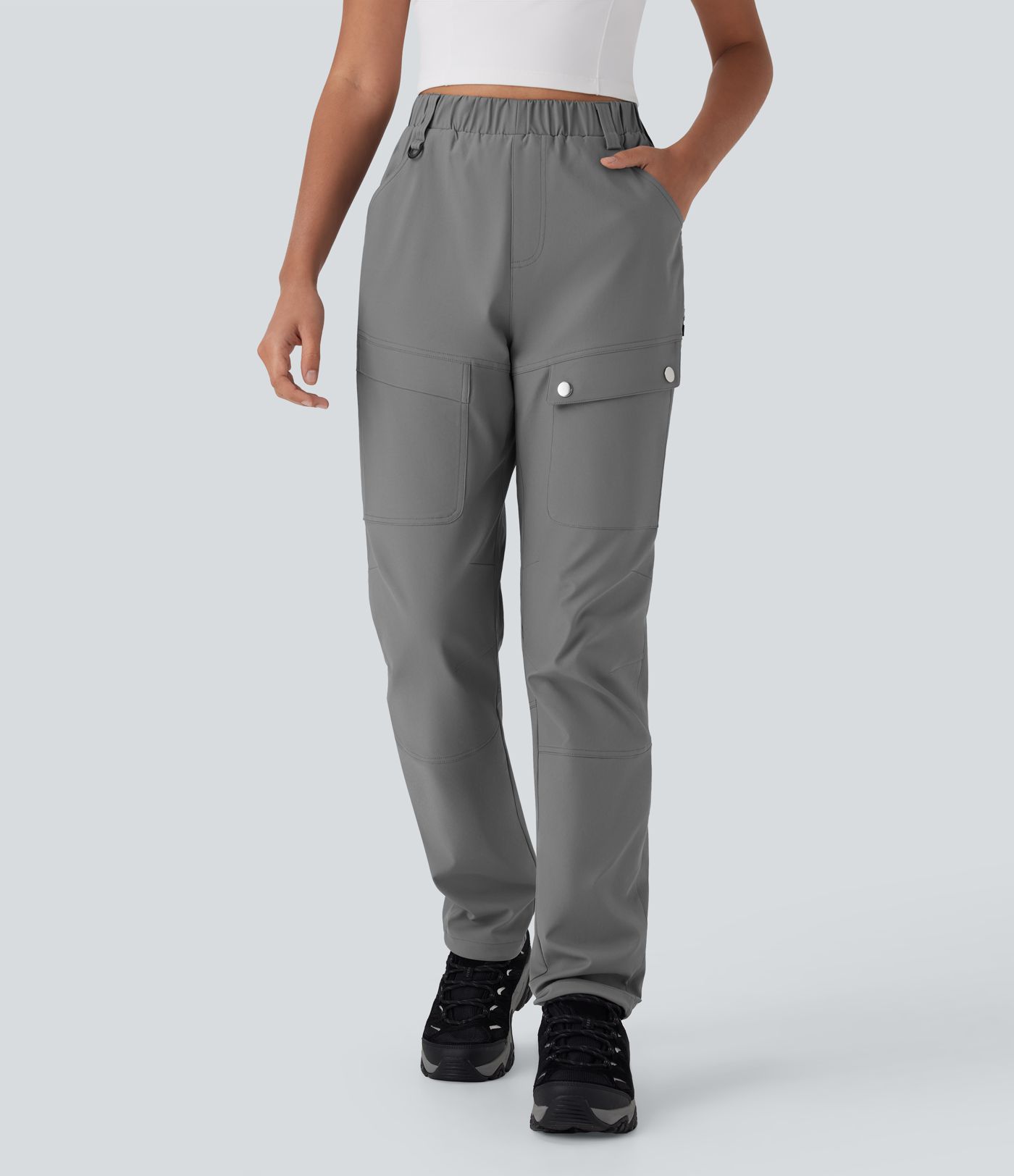 Water Repellent High Waisted Invisible Zipper Contrast Mesh Adjustable Hem Straight Leg Twill Hiking Cargo Trousers with Multiple Pockets