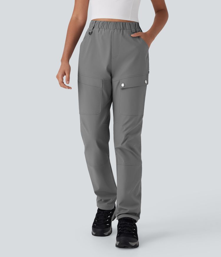 Water Repellent High Waisted Contrast Mesh Adjustable Hem Straight Leg Twill Hiking Cargo Pants with Pockets