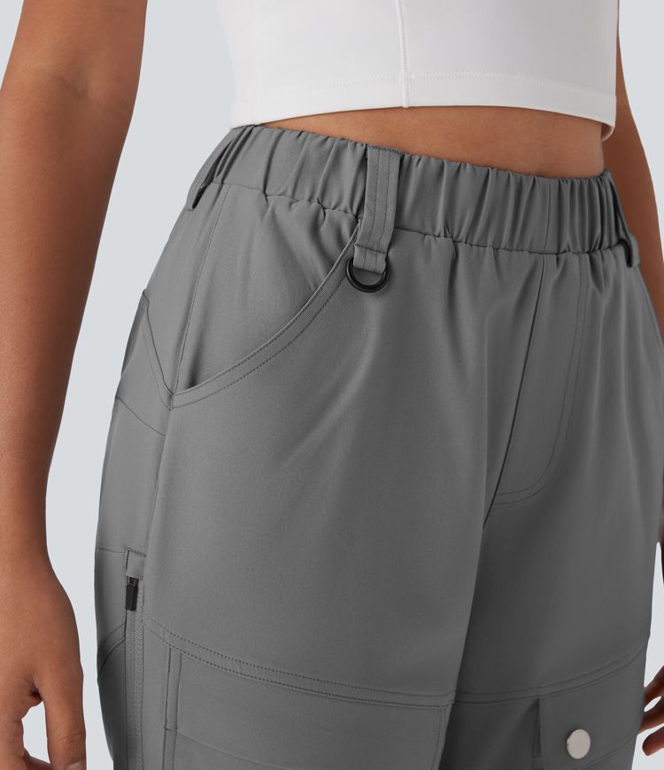 Water Repellent High Waisted Contrast Mesh Adjustable Hem Straight Leg Twill Hiking Cargo Pants with Pockets