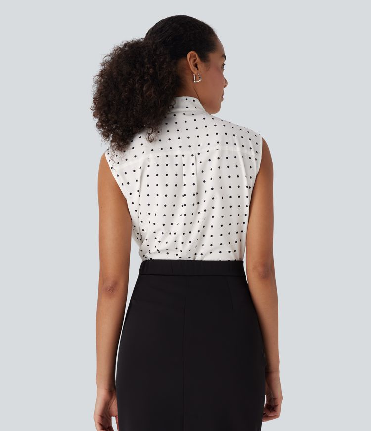 Tie Front Sleeveless Polka Dot Work Shirt