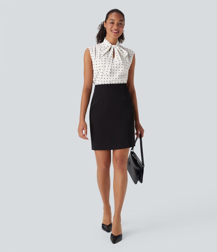Tie Front Sleeveless Polka Dot Work Shirt