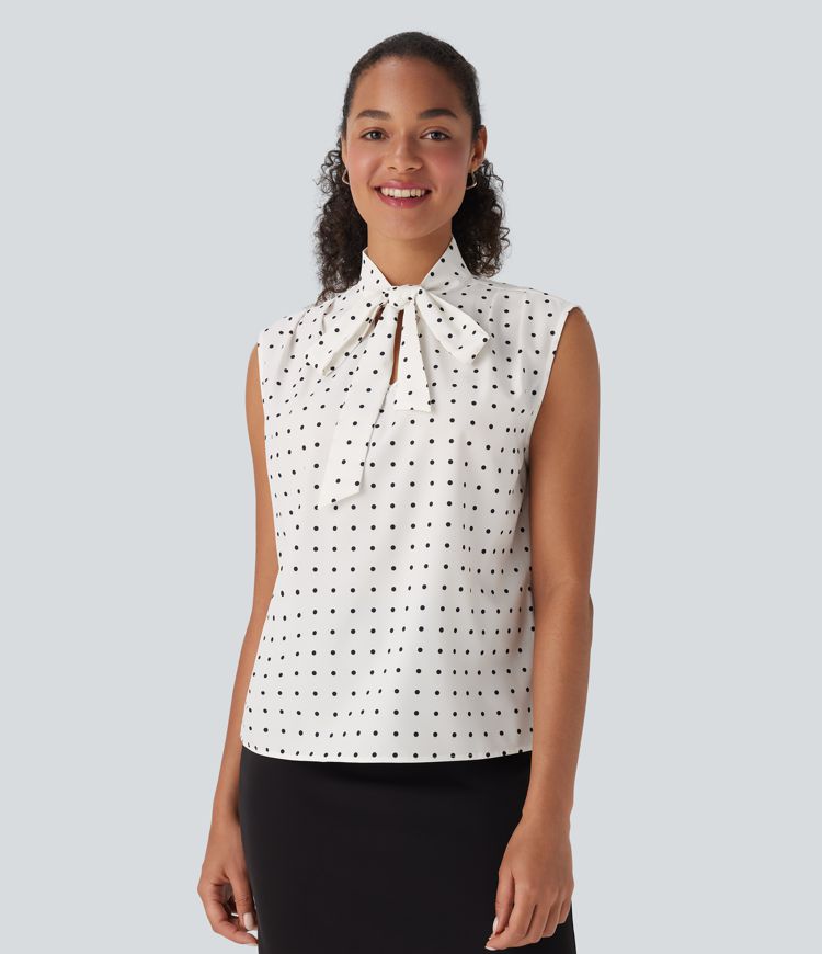 Tie Front Sleeveless Polka Dot Work Shirt