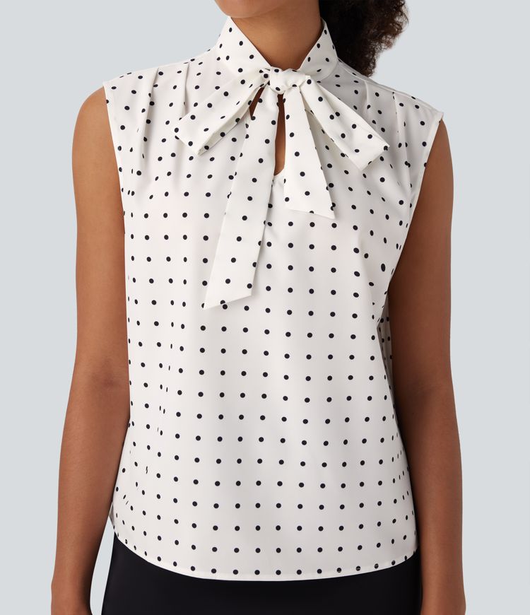 Tie Front Sleeveless Polka Dot Work Shirt