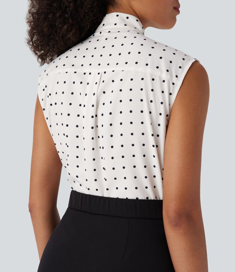 Tie Front Sleeveless Polka Dot Work Shirt