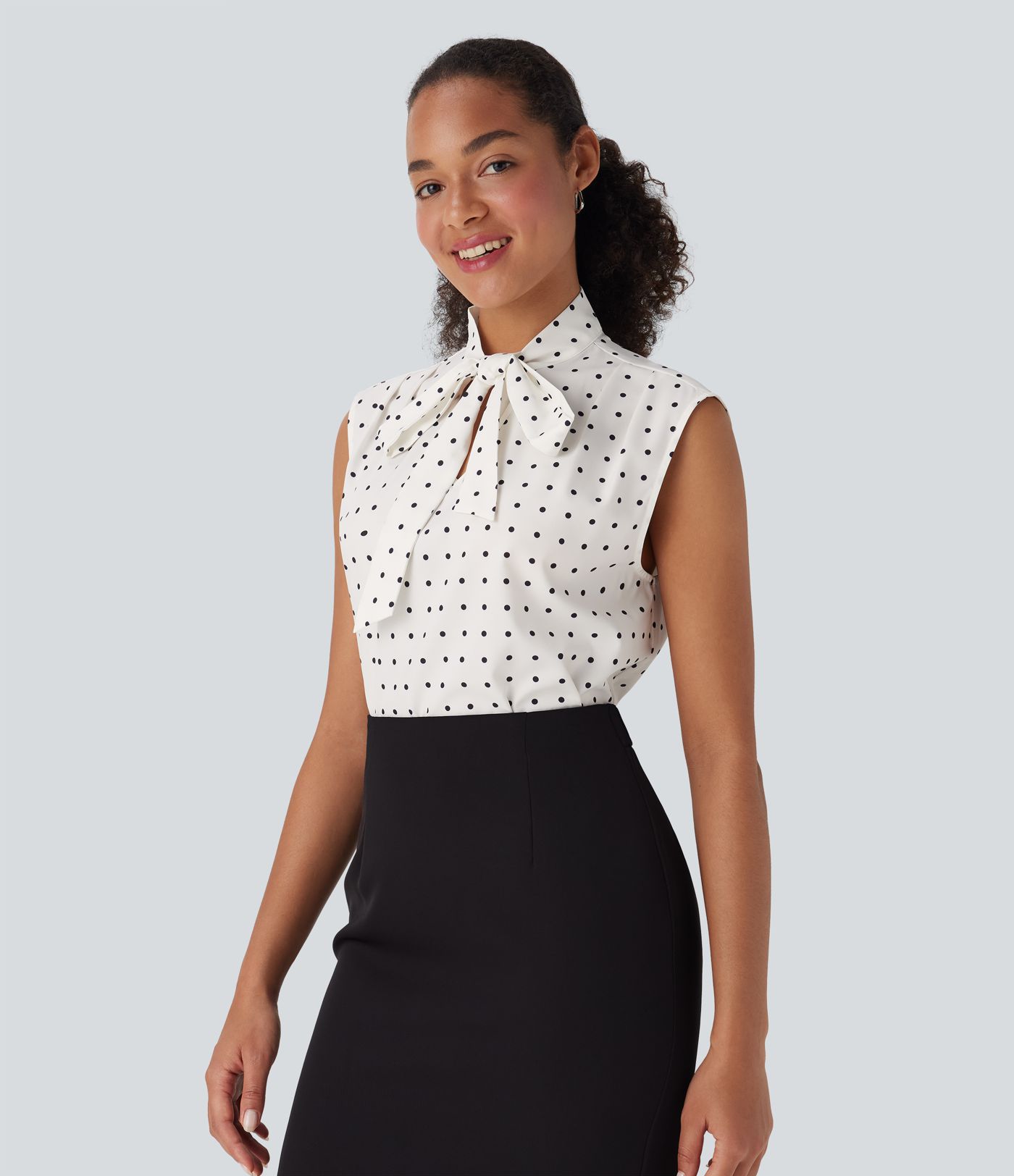 Tie Front Sleeveless Polka Dot Work Shirt