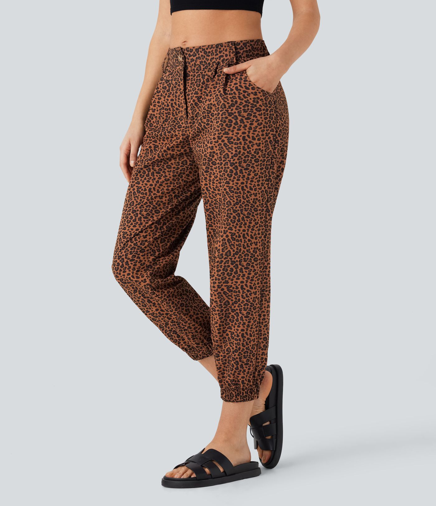 Joggers casuales de algodón con estampado de leopardo y tiro medio con bolsillos