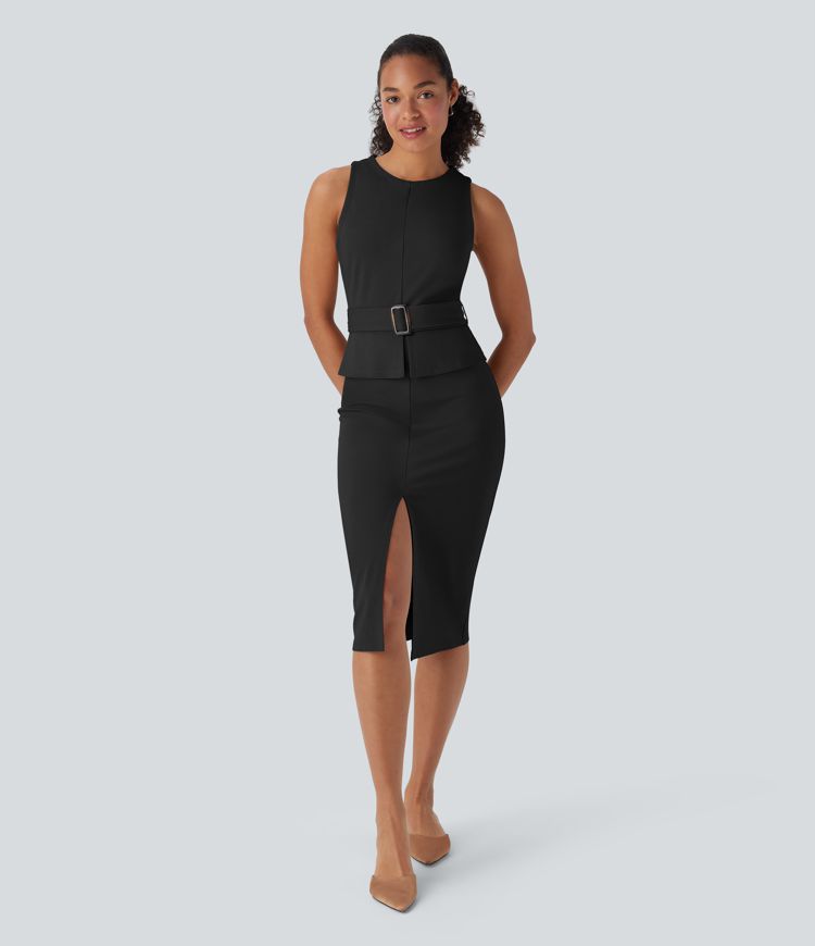 Sleeveless Keyhole-Back Belted Midi Work Dress
