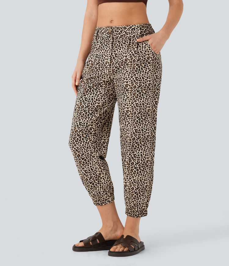 Mid Rise Leopard Print Casual Cotton Joggers with Pockets
