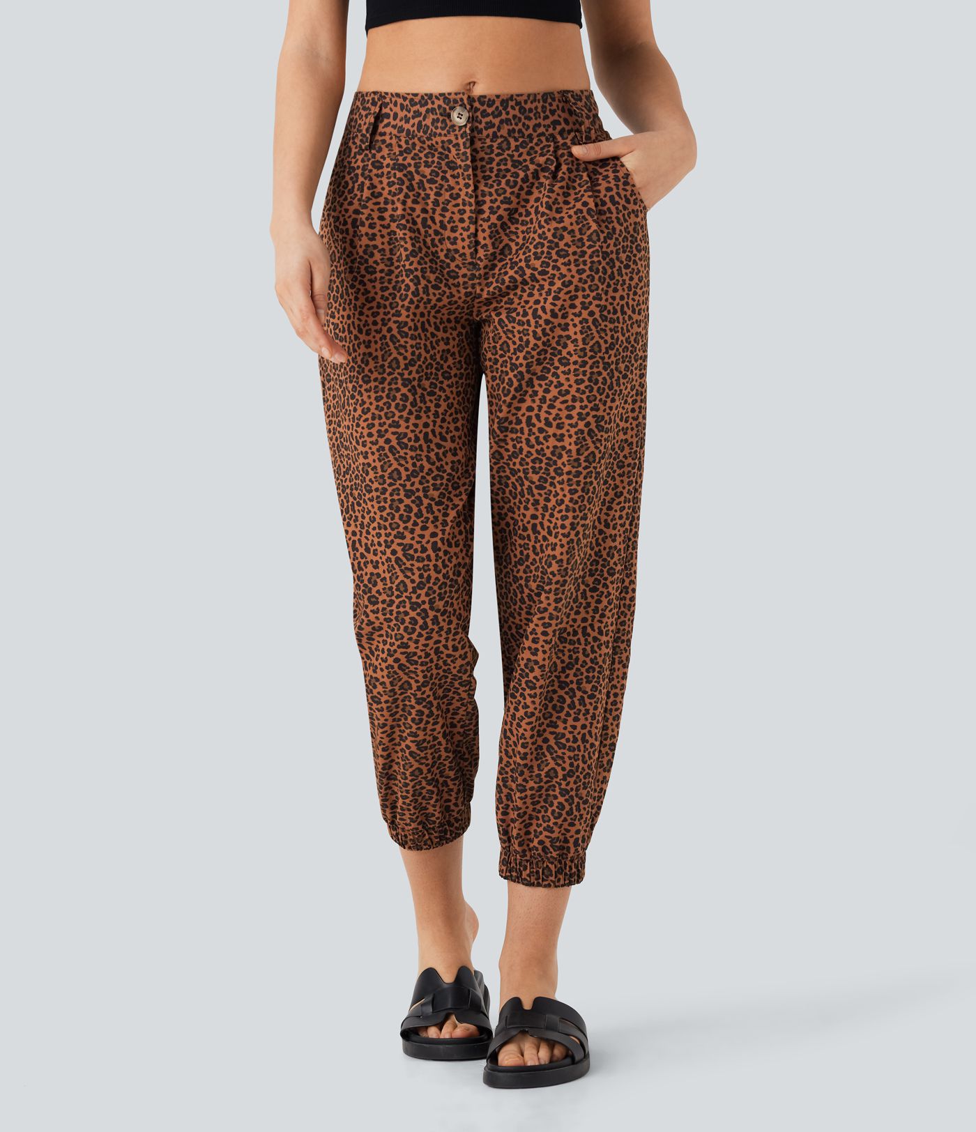 Joggers casuales de algodón con estampado de leopardo y tiro medio con bolsillos