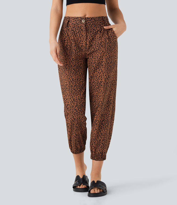 Joggers casuales de algodón con estampado de leopardo y tiro medio con bolsillos