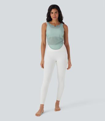 Débardeur de Yoga à Découpe en V en Maille Transparente, Froncé, à Ourlet Incurvé