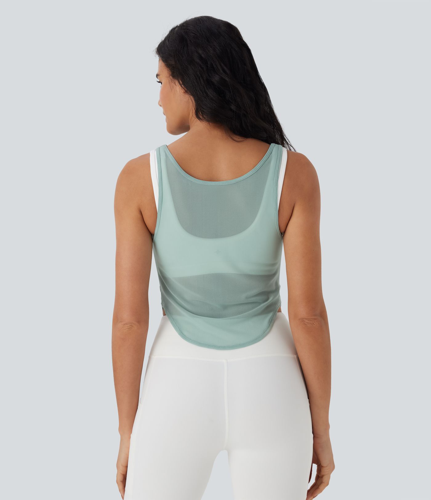 Débardeur de Yoga à Découpe en V en Maille Transparente, Froncé, à Ourlet Incurvé