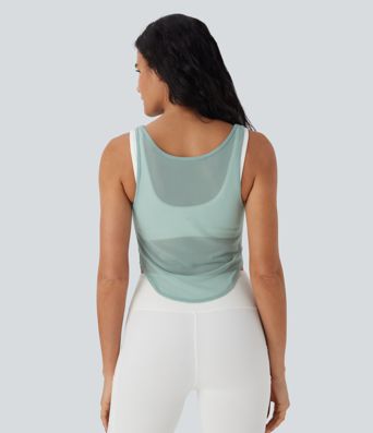 Débardeur de Yoga à Découpe en V en Maille Transparente, Froncé, à Ourlet Incurvé